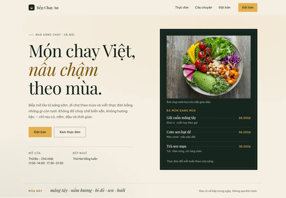 Ảnh chụp giao diện mẫu Bếp Chay An — Nấu chậm theo mùa
