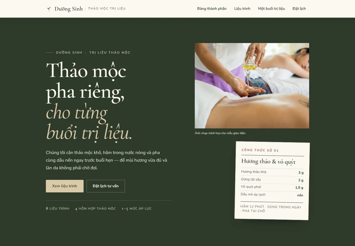Ảnh chụp giao diện mẫu Dưỡng Sinh — Trị liệu thảo mộc