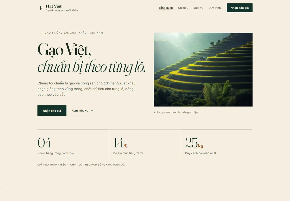 Ảnh chụp giao diện mẫu Hạt Việt — Gạo chuẩn bị theo từng lô