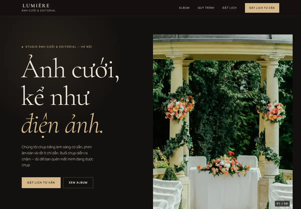Ảnh chụp giao diện mẫu LUMIÈRE — Ảnh cưới kể như điện ảnh