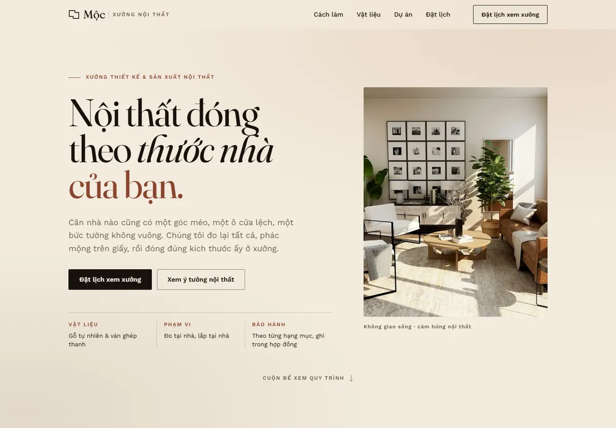 Ảnh chụp giao diện mẫu Mộc — Nội thất đóng theo thước nhà
